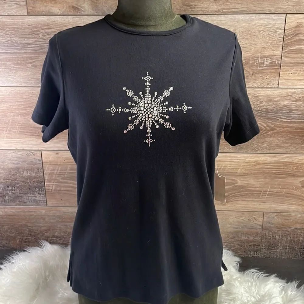 Coral Bay Ladies Black Snowflake Top, Size Medium Petite, Black